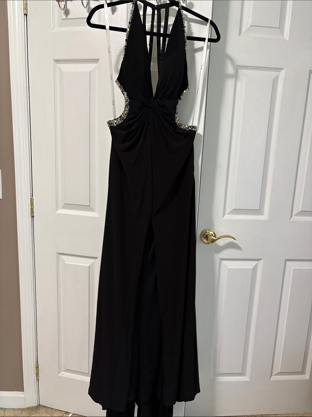 Xcite Prom Black Halter Evening Dress with Iridescent Embellishments